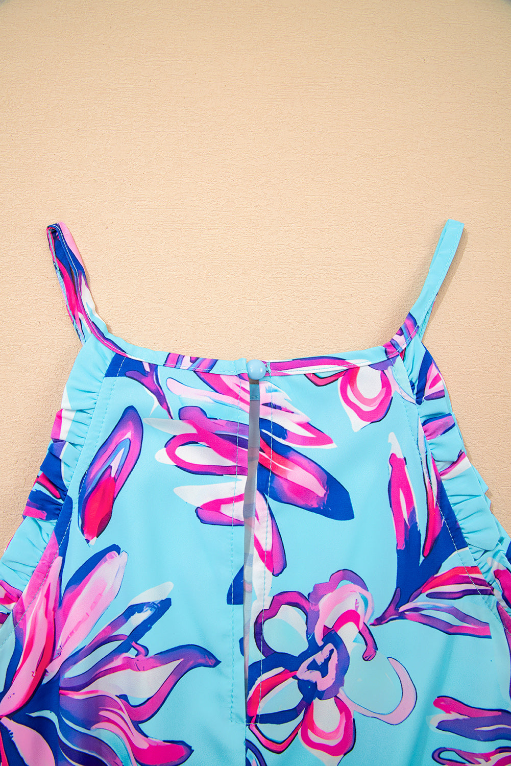 Purple Floral Print Pocketed Frill Sleeveless Romper