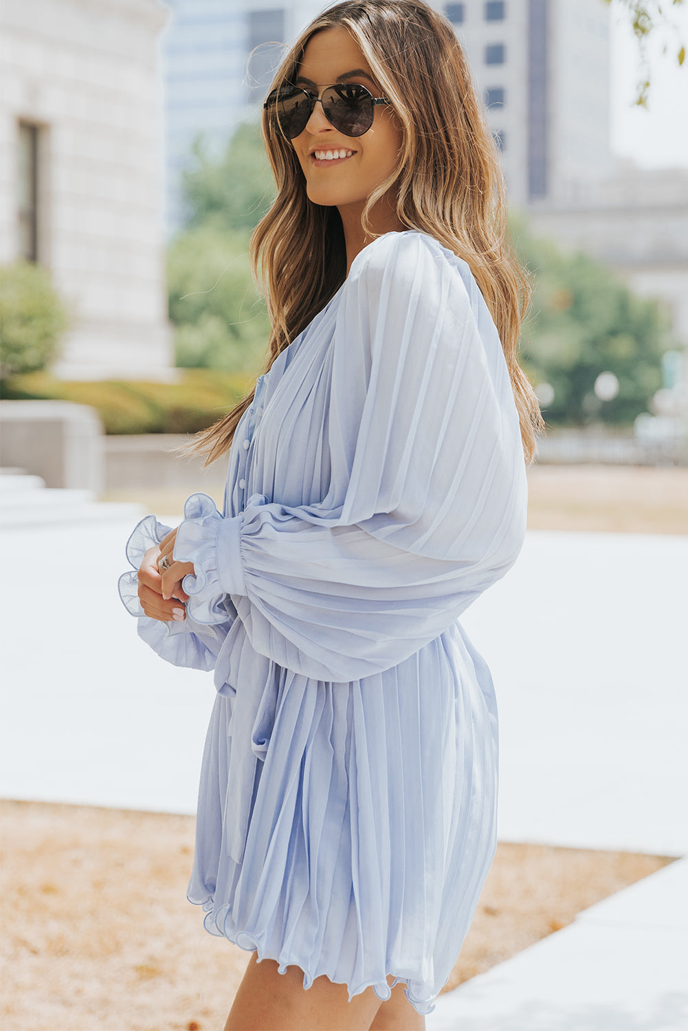 Green Pleated Ruffled Tie Waist Buttons V Neck Romper - Cute Flirty date