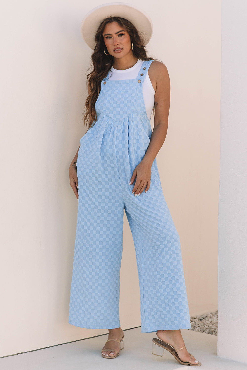 Beau Blue Checkered Pocketed High Waist Wide Leg Overall
