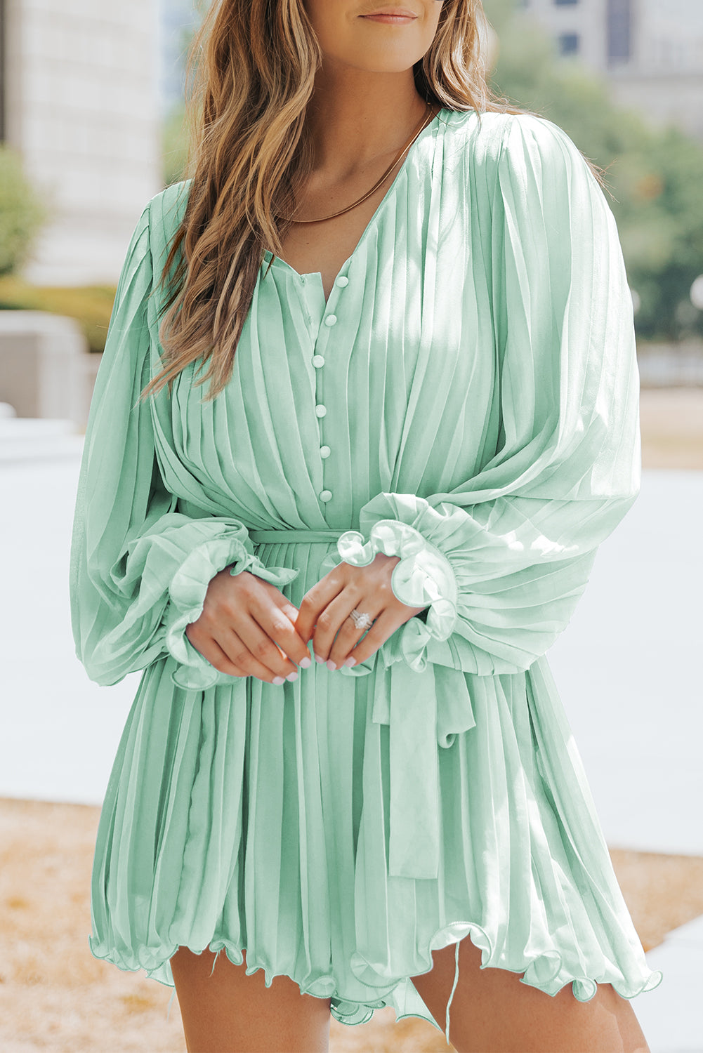 Green Pleated Ruffled Tie Waist Buttons V Neck Romper - Cute Flirty date
