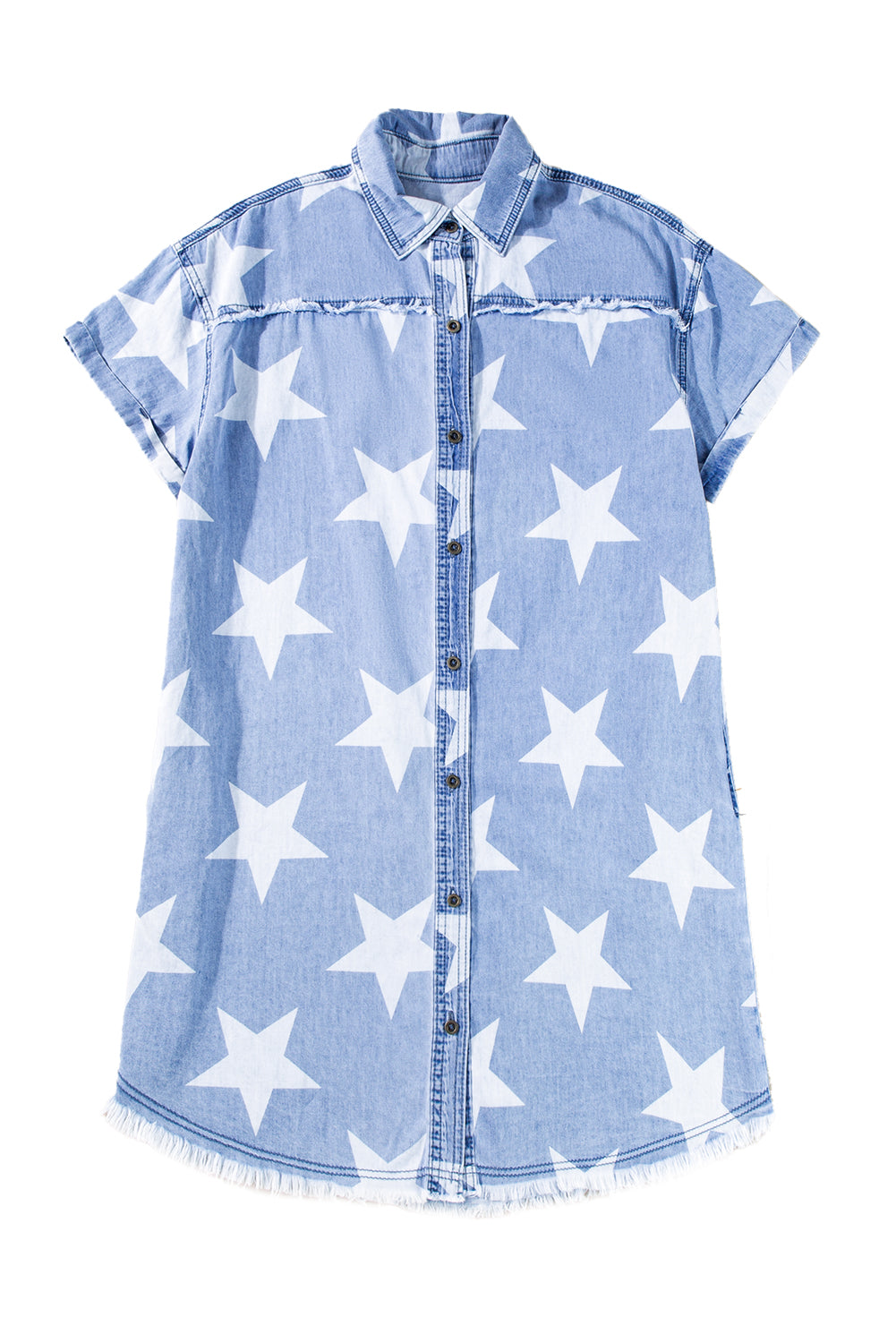 Vestido vaquero de manga corta con cuello, dobladillo deshilachado y estrellas en color azul cielo