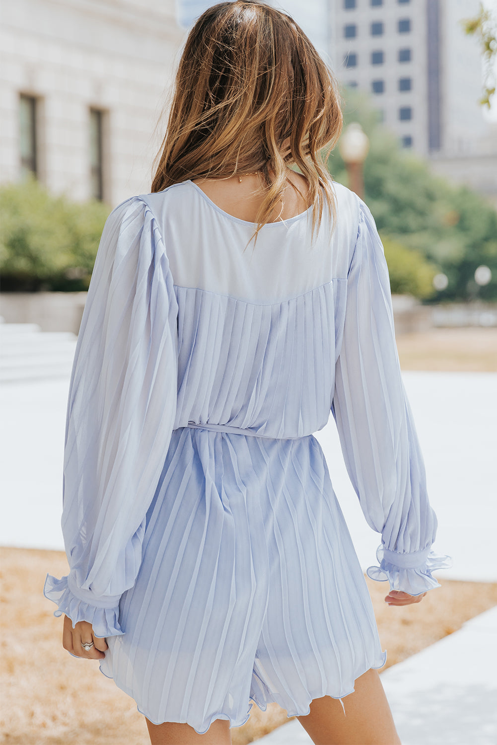 Green Pleated Ruffled Tie Waist Buttons V Neck Romper - Cute Flirty date