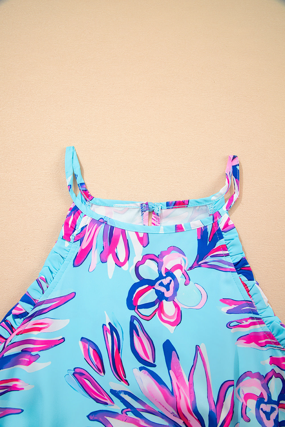 Purple Floral Print Pocketed Frill Sleeveless Romper