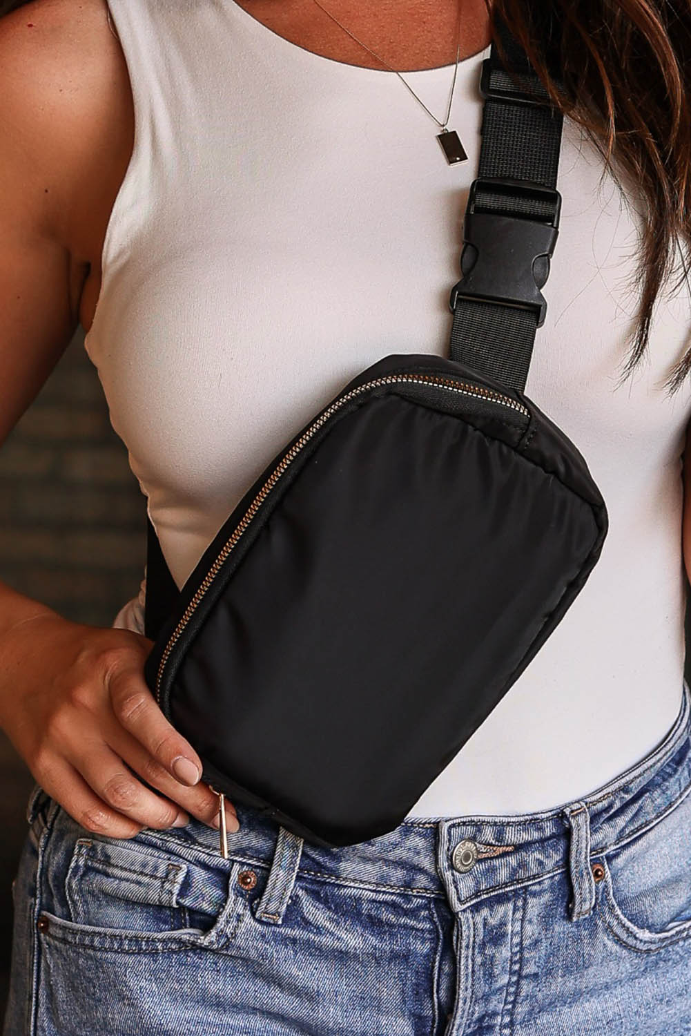Bolso bandolera impermeable con cremallera, color negro, 20 x 5 x 14 cm