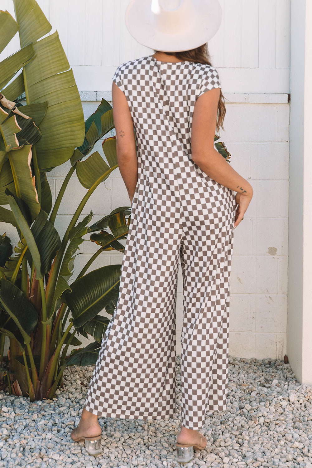 Apricot Checkered Print Buttoned Crew Neck Wide Leg Jumpsuit