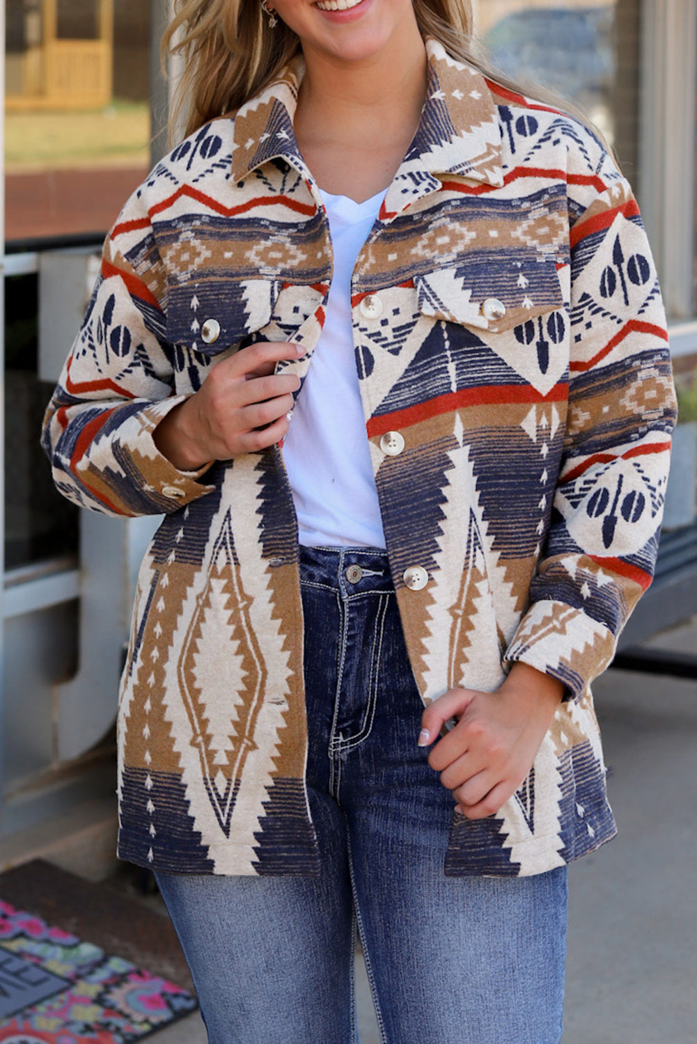 Chaqueta oversize con botones y estampado azteca multicolor