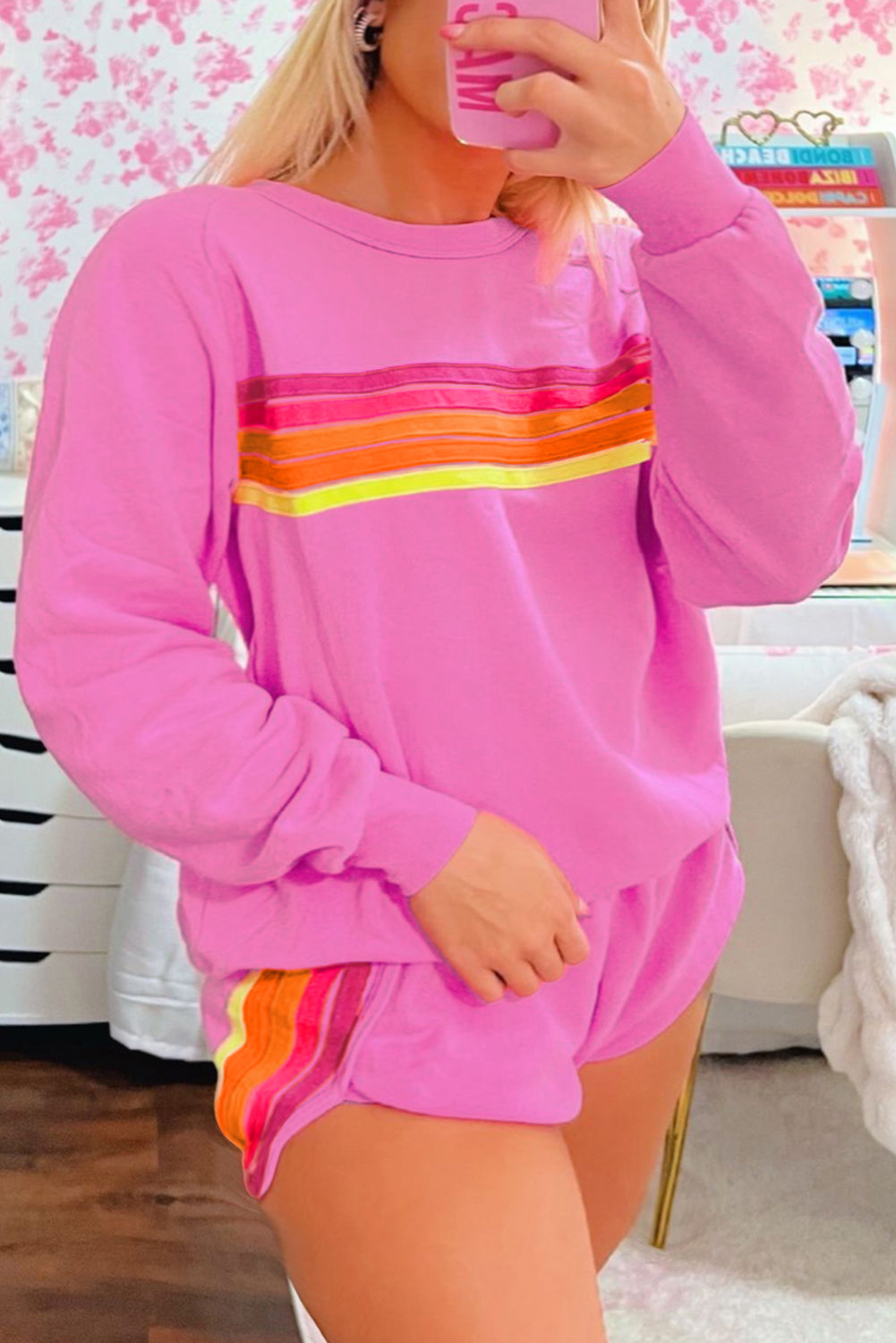 Black Striped Accent Pullover and Shorts Two Piece Casual Set