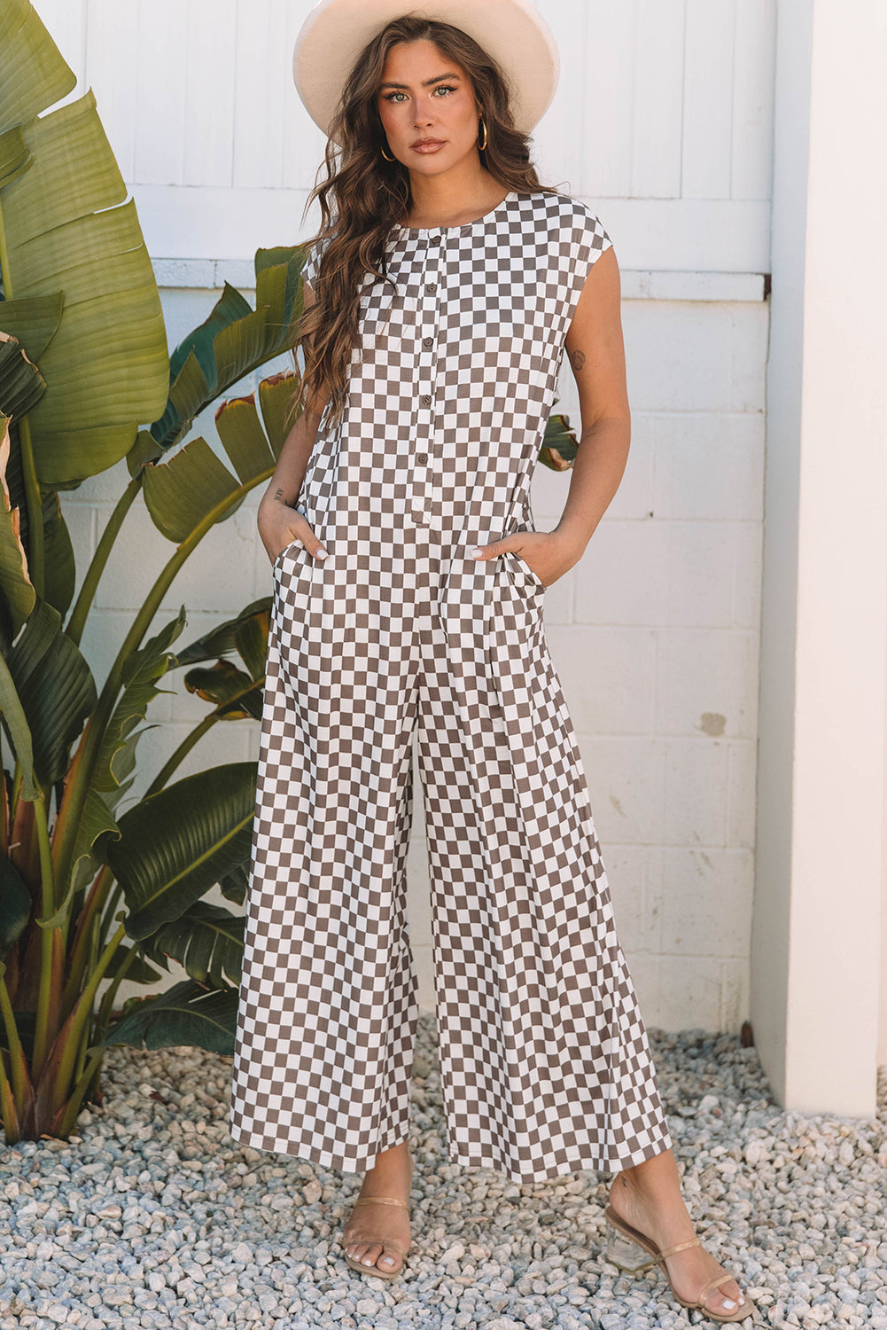 Apricot Checkered Print Buttoned Crew Neck Wide Leg Jumpsuit