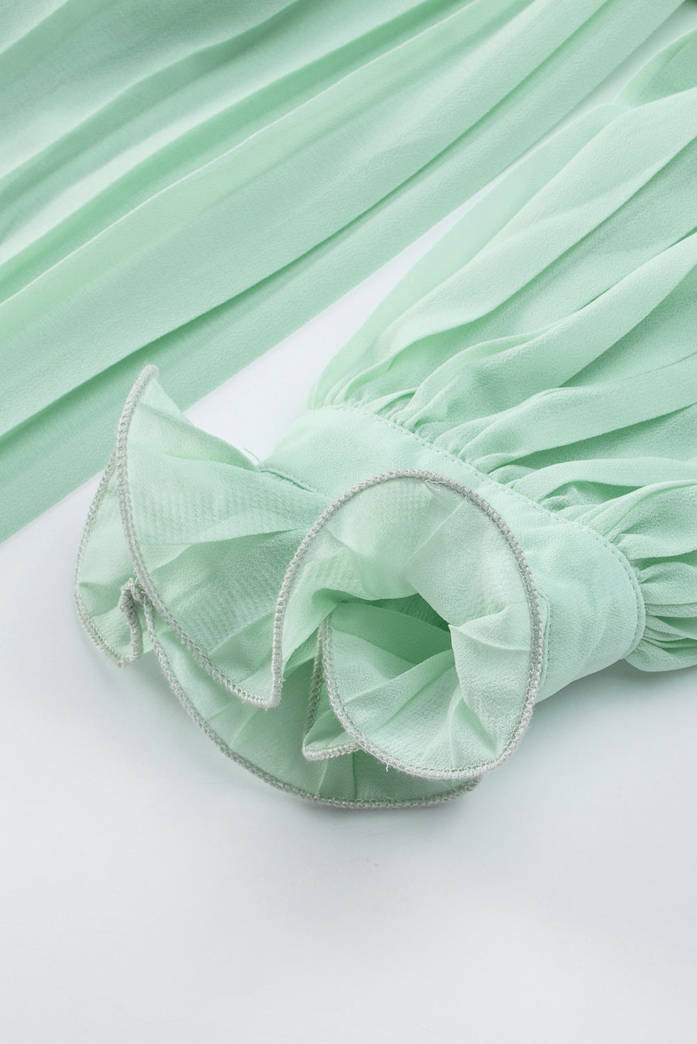 Green Pleated Ruffled Tie Waist Buttons V Neck Romper - Cute Flirty date