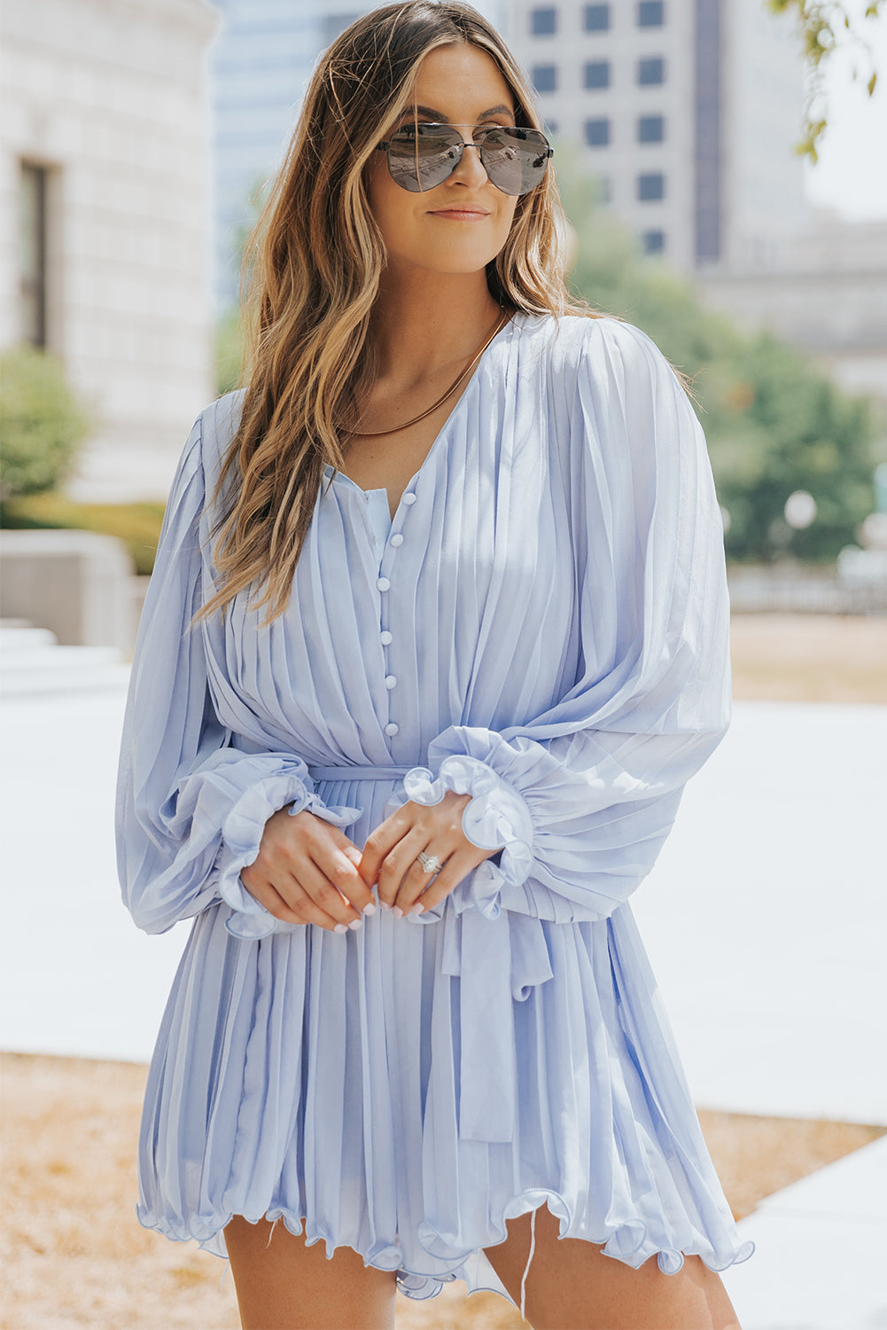 Green Pleated Ruffled Tie Waist Buttons V Neck Romper - Cute Flirty date