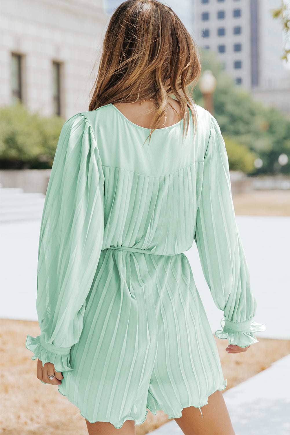 Green Pleated Ruffled Tie Waist Buttons V Neck Romper - Cute Flirty date