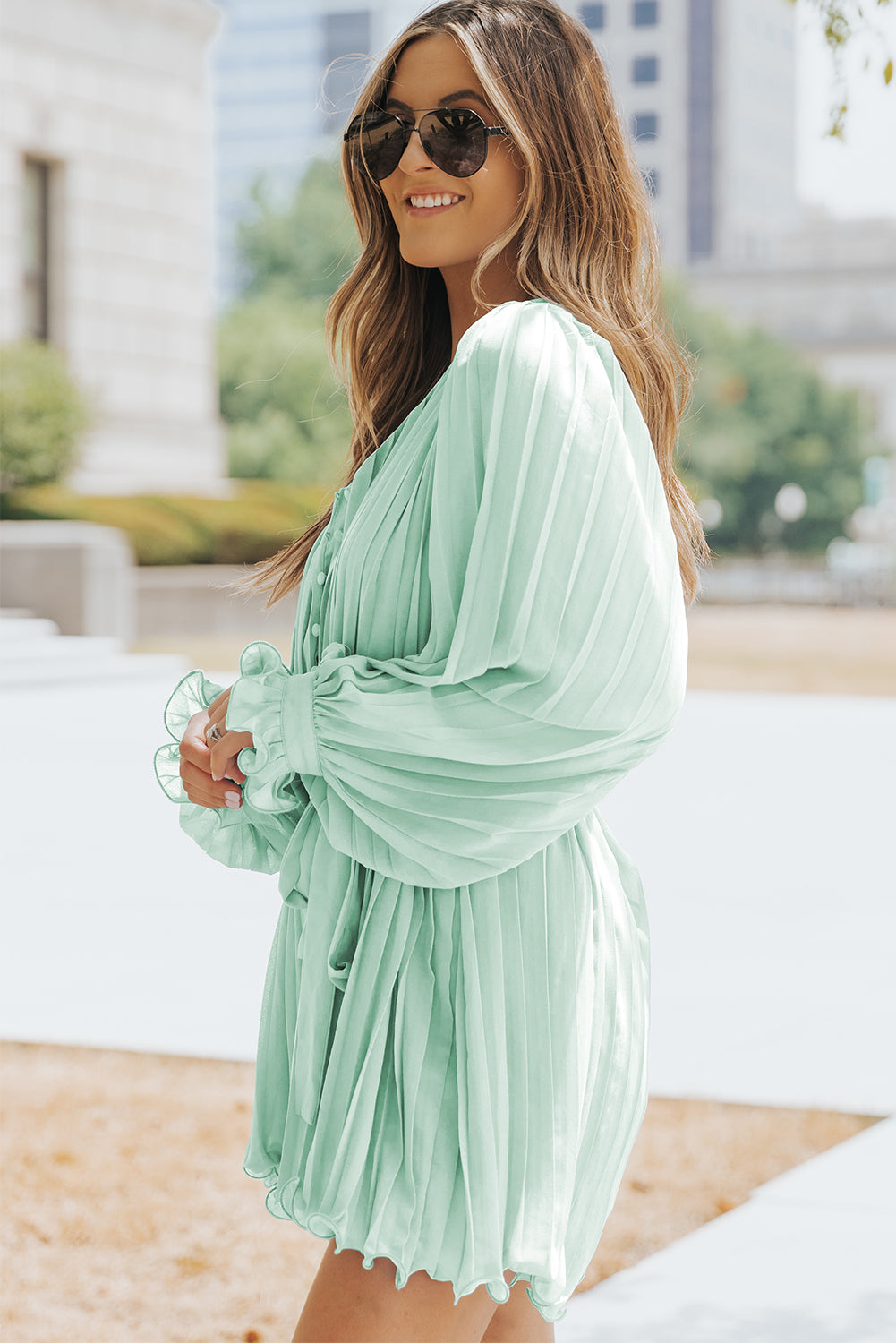 Green Pleated Ruffled Tie Waist Buttons V Neck Romper - Cute Flirty date