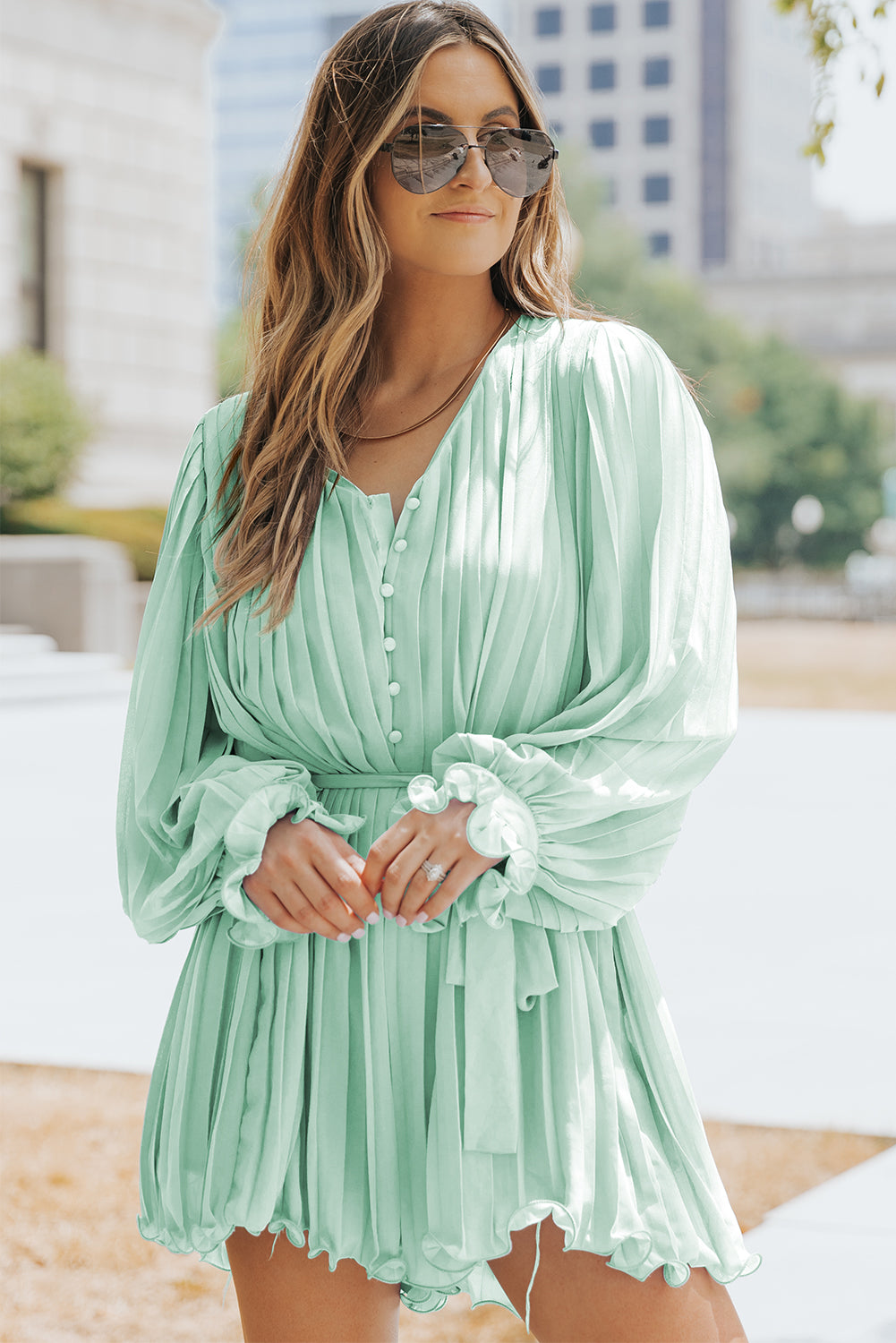 Green Pleated Ruffled Tie Waist Buttons V Neck Romper - Cute Flirty date
