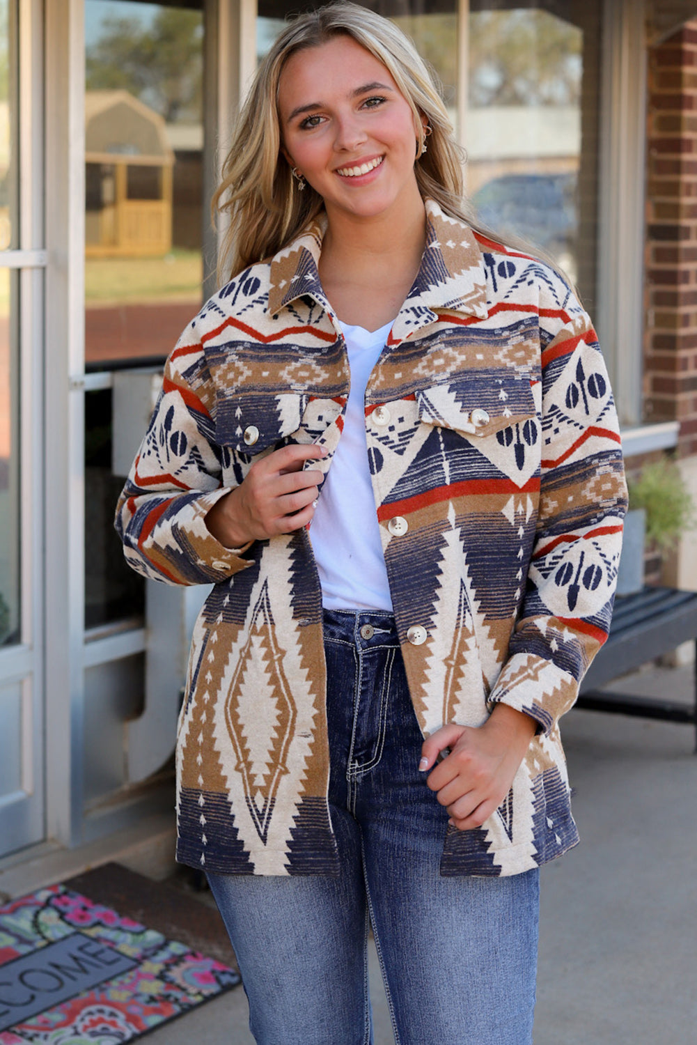 Chaqueta oversize con botones y estampado azteca multicolor