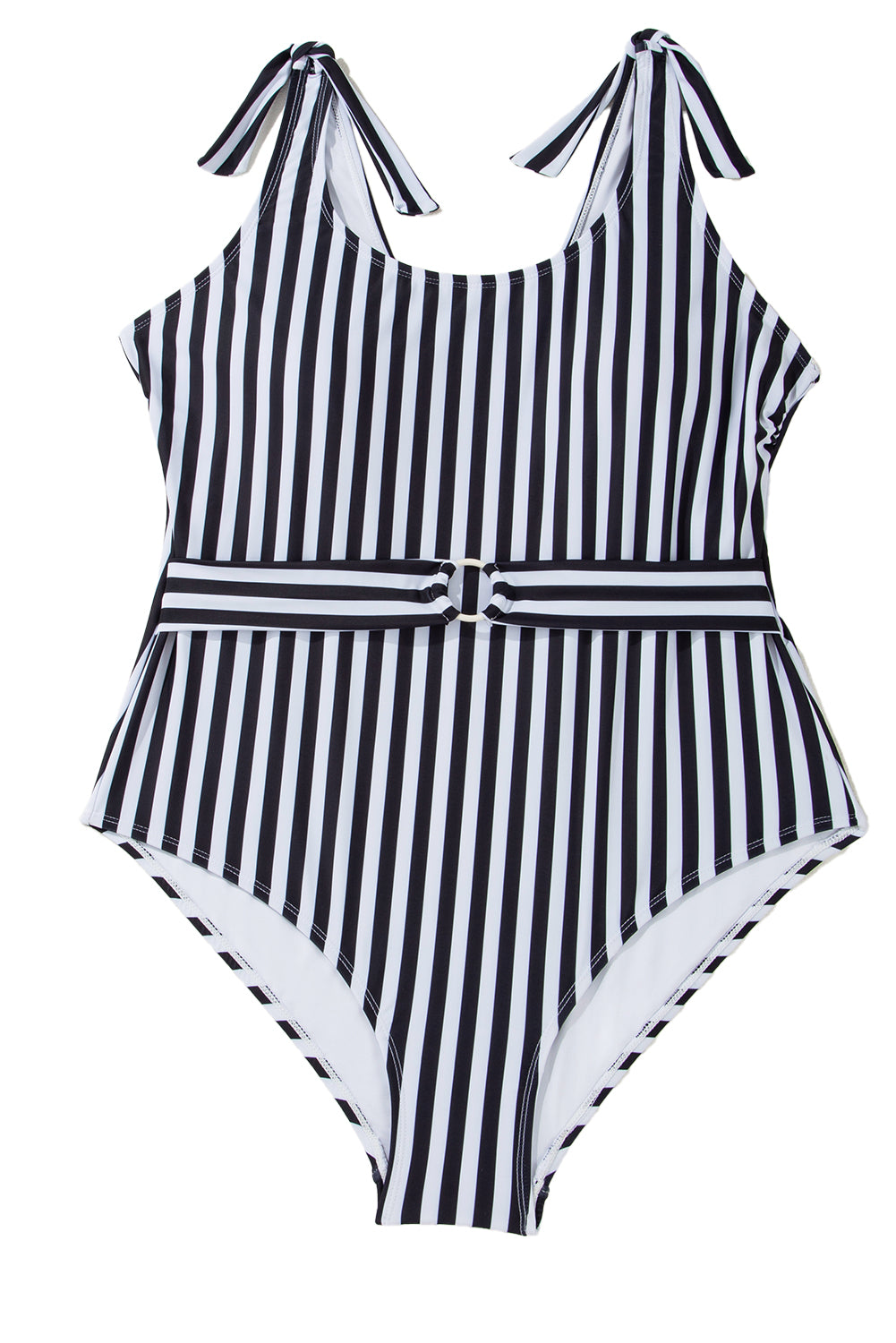 Traje de baño de una pieza con aros en la cintura y tiras anudadas de rayas negras de talla grande
