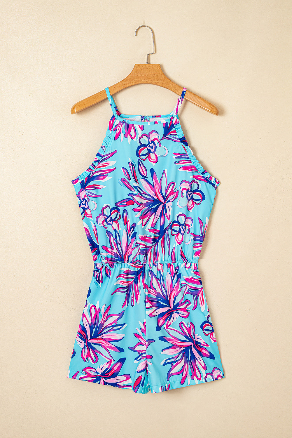 Purple Floral Print Pocketed Frill Sleeveless Romper