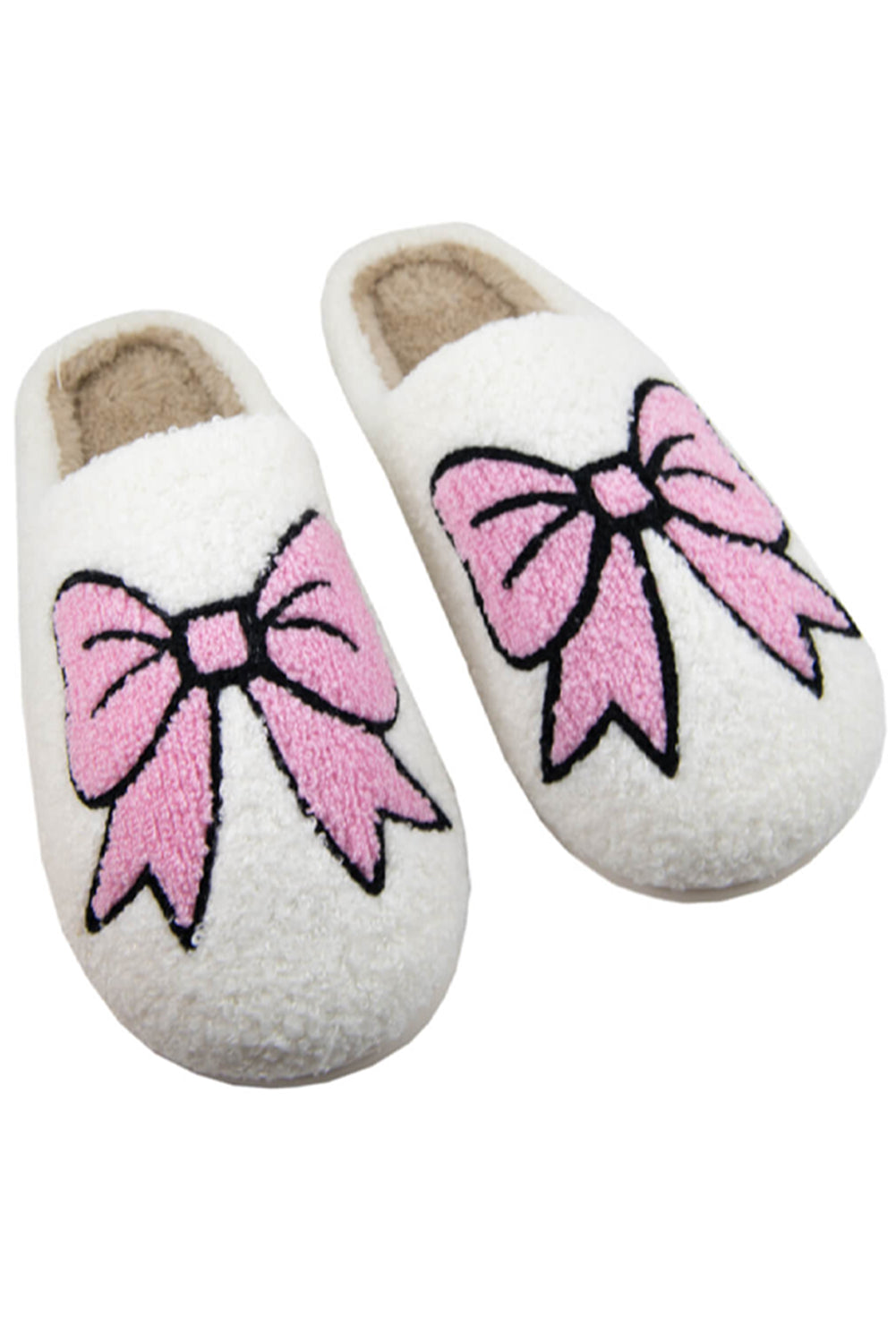 Pantuflas de invierno peludas con estampado de lazo blanco