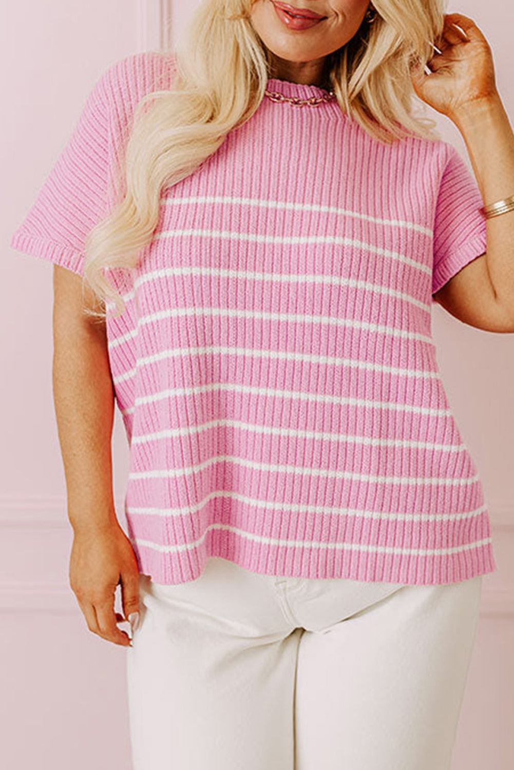Camiseta holgada de canalé con rayas rosas