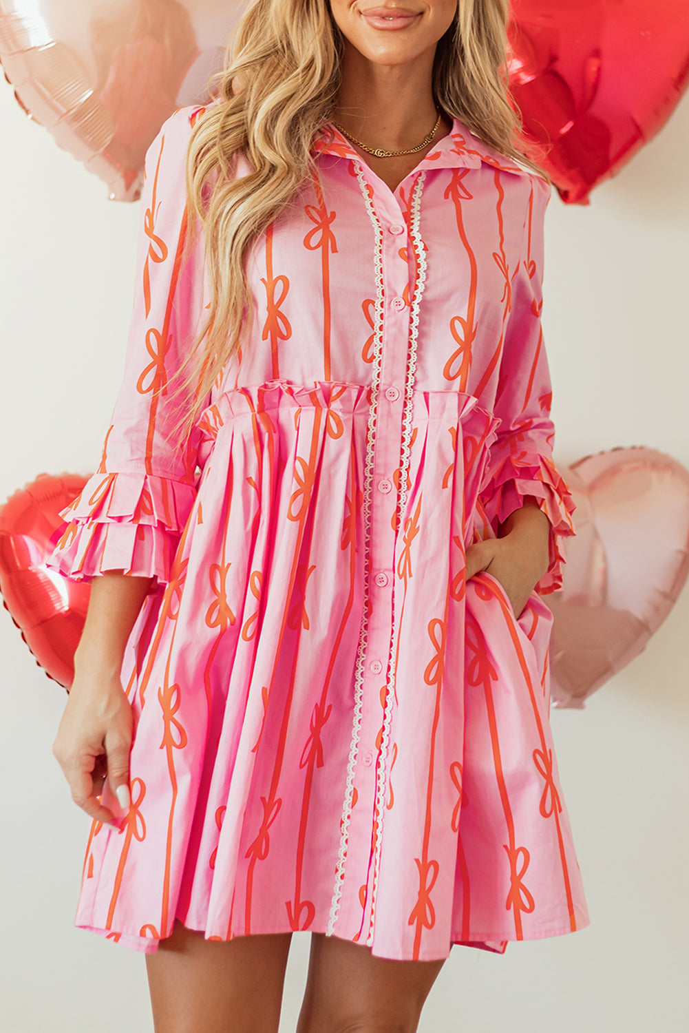 Pink Bowknot Striped Printed Tiered Ruffled Mini Shirt Dress