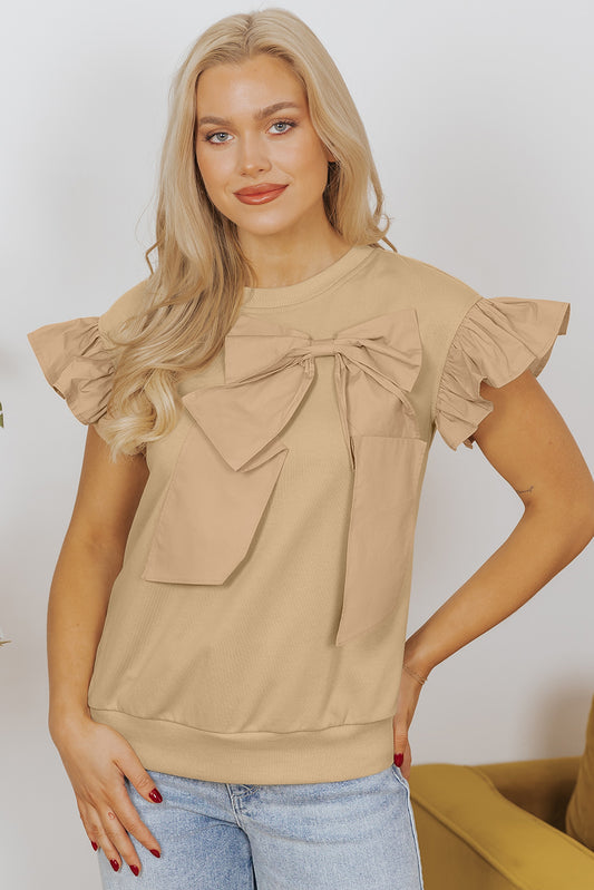 Parchment Two Tones Ribbon Bow Ruffle Sleeve Top