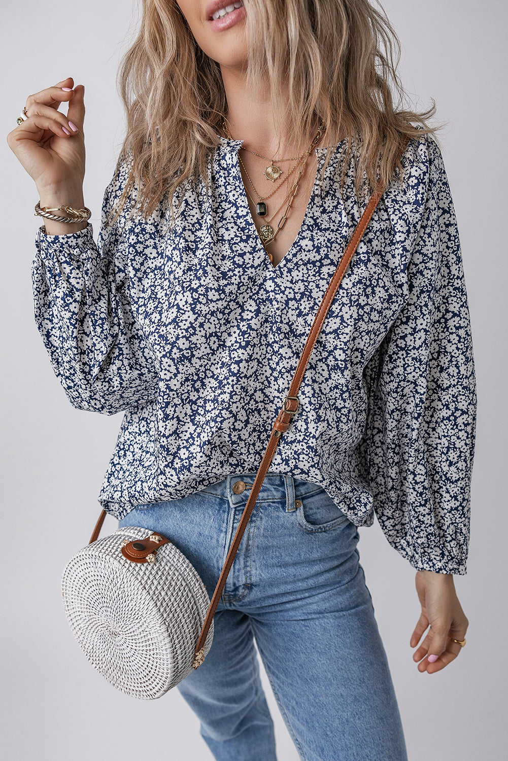 Blue Floral Print Notched V Neck Puff Sleeve Blouse