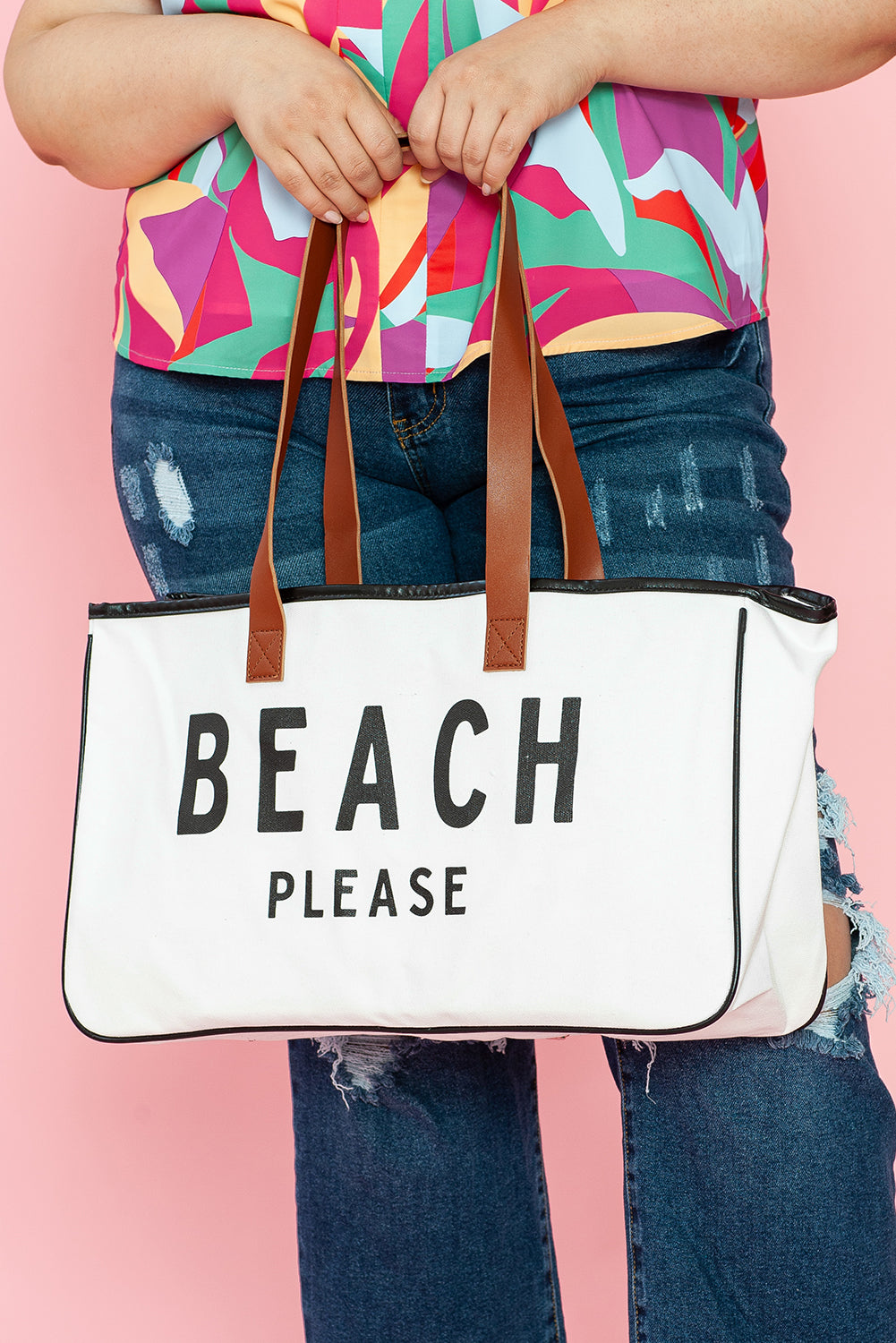 Bolsa de lona grande con estampado BEACH PLEASE en color blanco