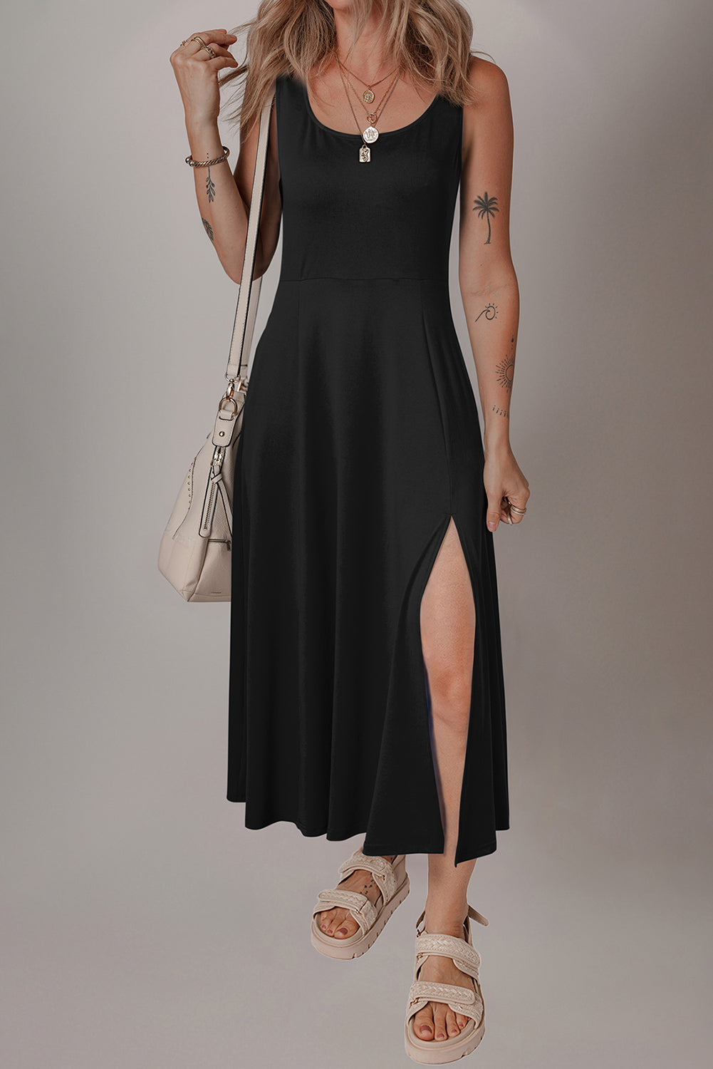 Black Sleeveless Scoop Neck Flared Split Midi Dress