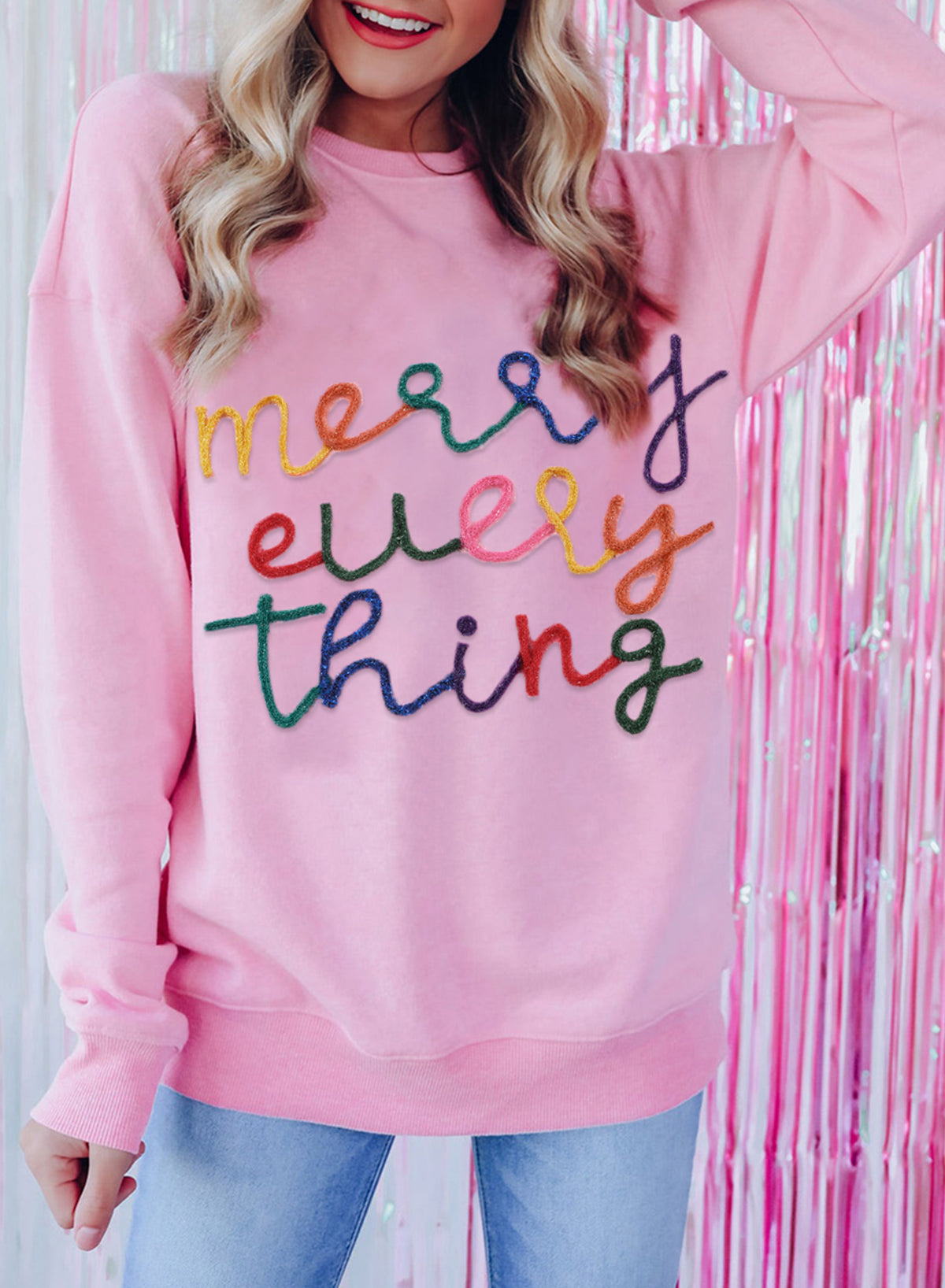 Peach Blossom Merry Every Thing Tinsel Slogan Sweatshirt