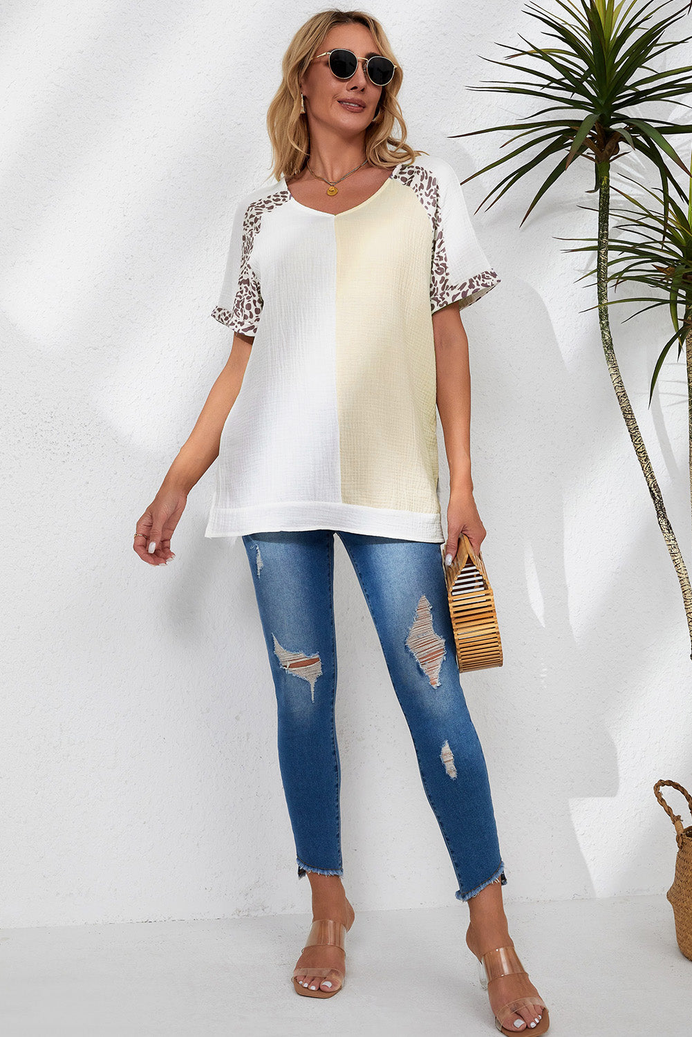 Blusa de patchwork con ribete de leopardo y color desgastado en color blanco