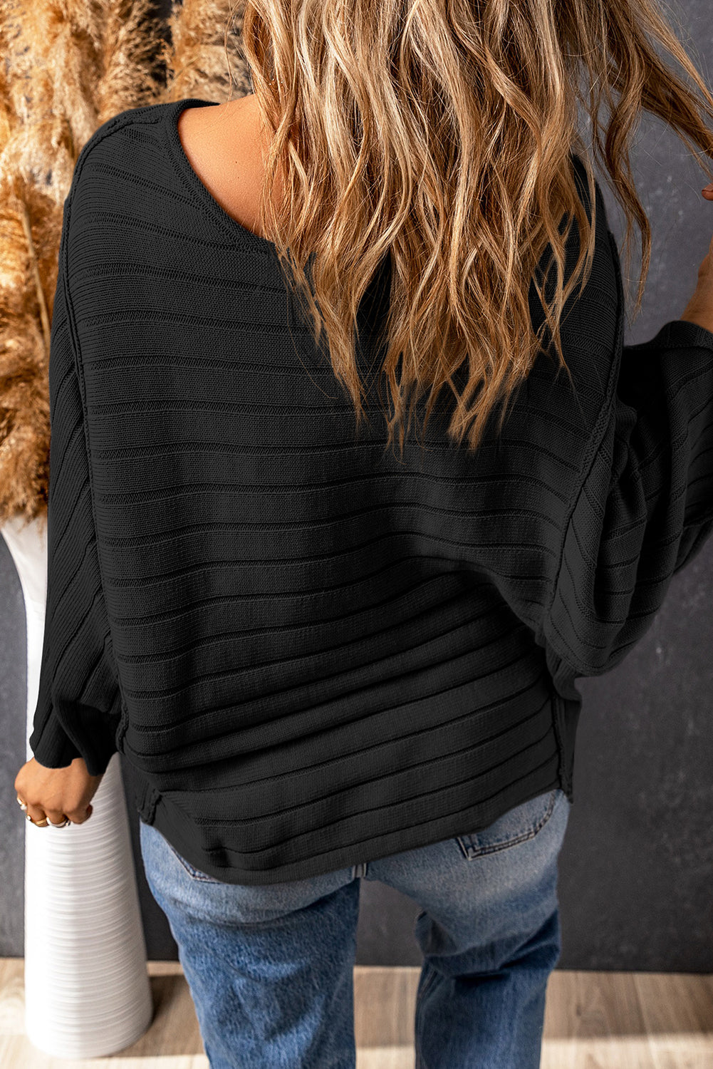 Black Exposed Seam Ribbed Knit Dolman Top