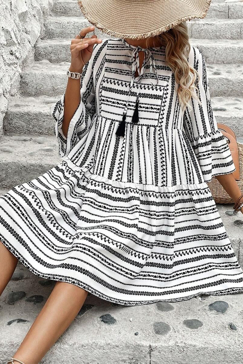 Black Stripe V Neck Bell Sleeve High Waist Mini Dress