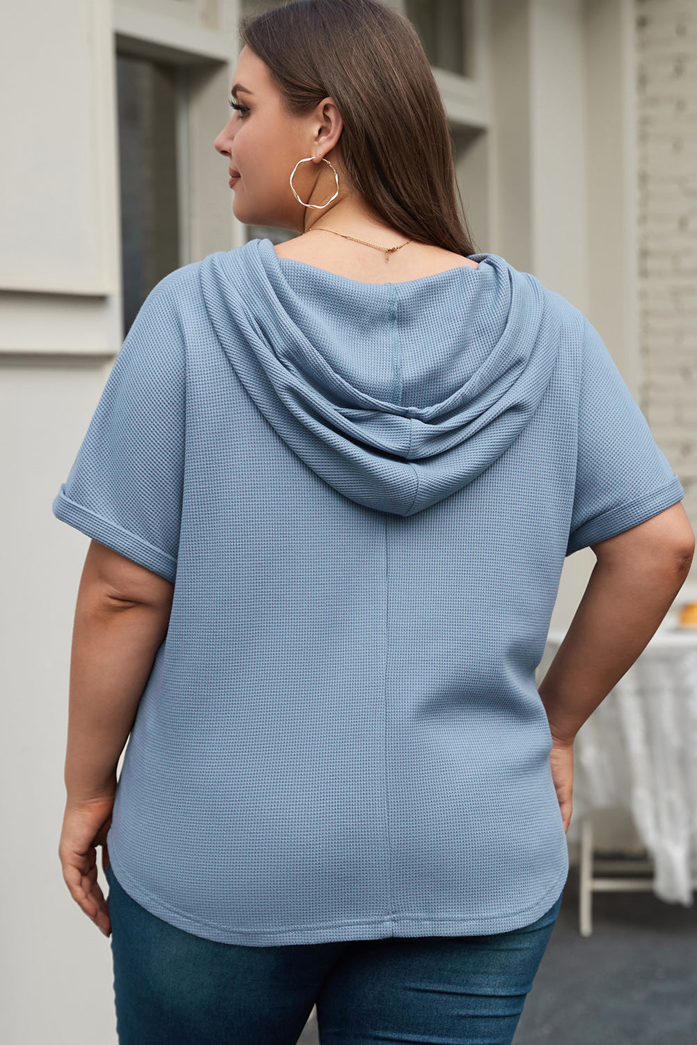 Ashleigh Blue Plus Size Waffle Knit Short Sleeve Drawstring Hoodie