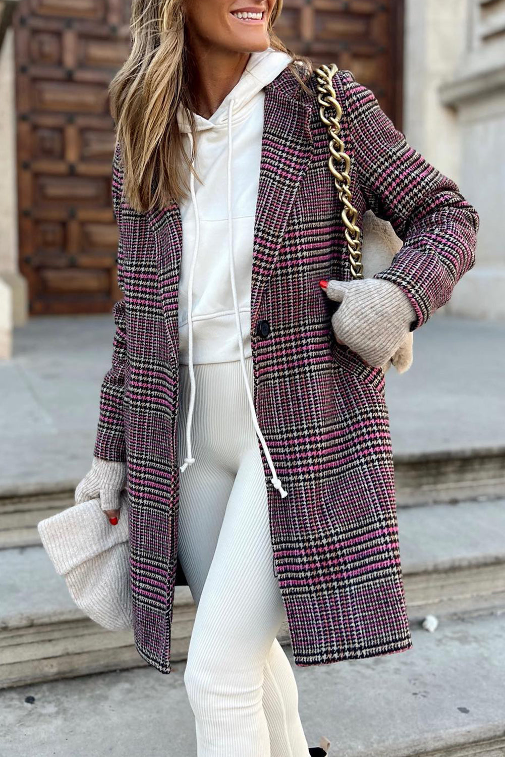 Pink Plaid Lapel Collar One Button Midi Coat