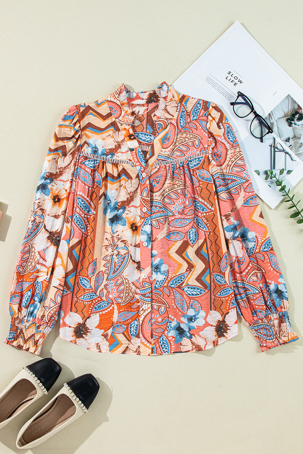 Orange Floral Print Shirred Cuff Buttoned Loose Shirt