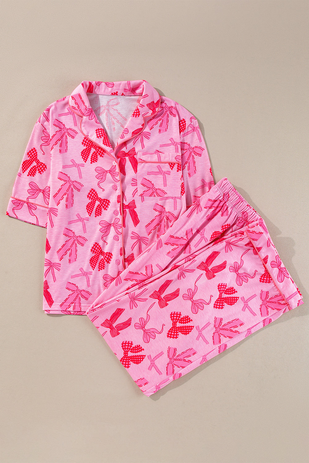 Pink Bow Knot Print Lapel Collar Short Sleeve and Pants Pajamas Set