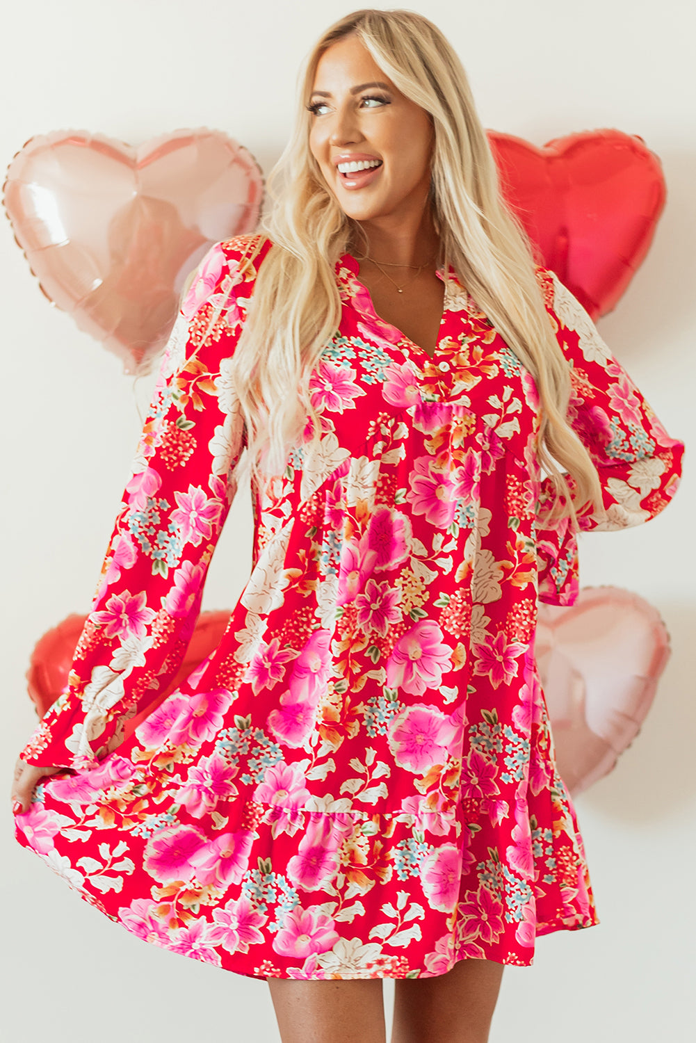 Red Floral Print High Waist V Neck Babydoll Mini Dress