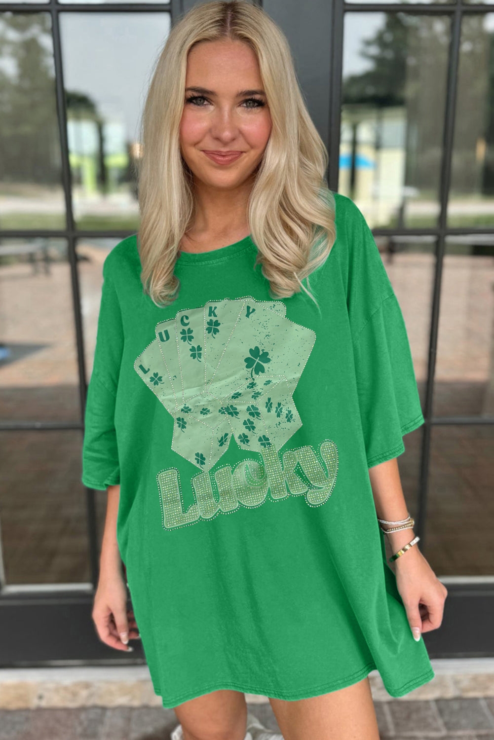 Bright Green Rhinestone Lucky Poker Cards Oversized T Shirt Mini Dress