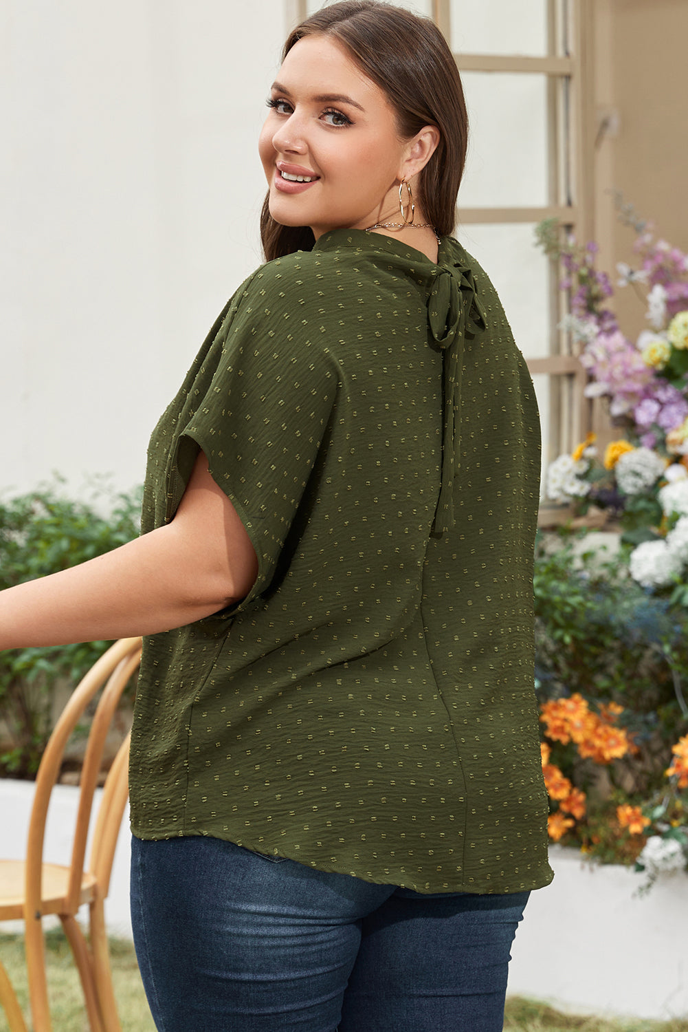 Moss Green Plus Size Swiss Dot Mock Neck Tied Nape Top