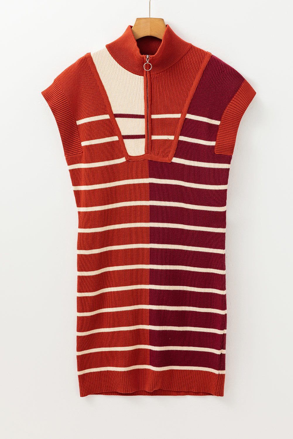 Brown Stripe Color Block Quarter Zip Collar Short Sleeve Sweater Dress