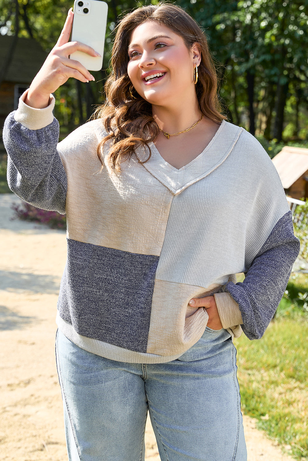 Ashleigh Blue Plus Size Textured Colorblock Patchwork V Neck Top