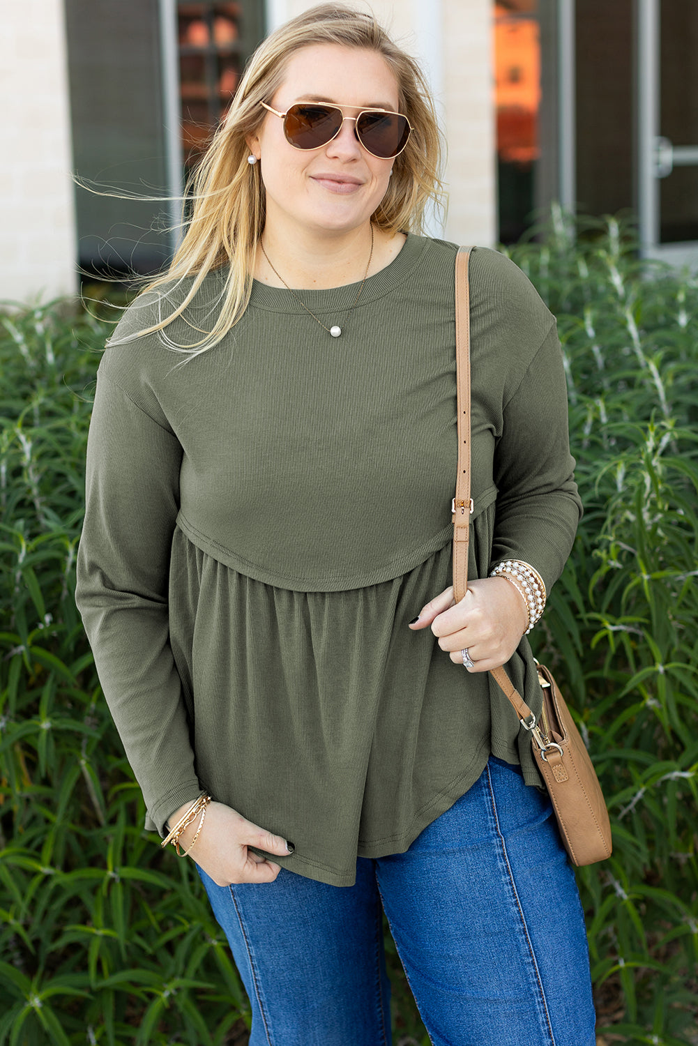 Mist Green Plus Size Thermal Knitted Babydoll Flare Top