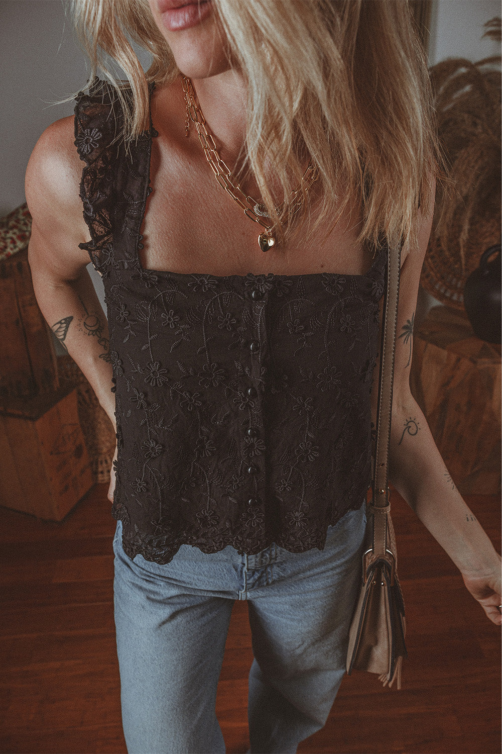 Black Floral Embroidered Buttoned Square Neck Tank Top