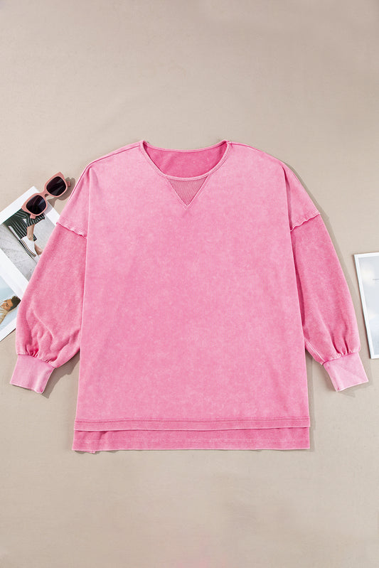 Pink Plus Size Mineral Wash Drop Shoulder Round Neck Sweatshirt