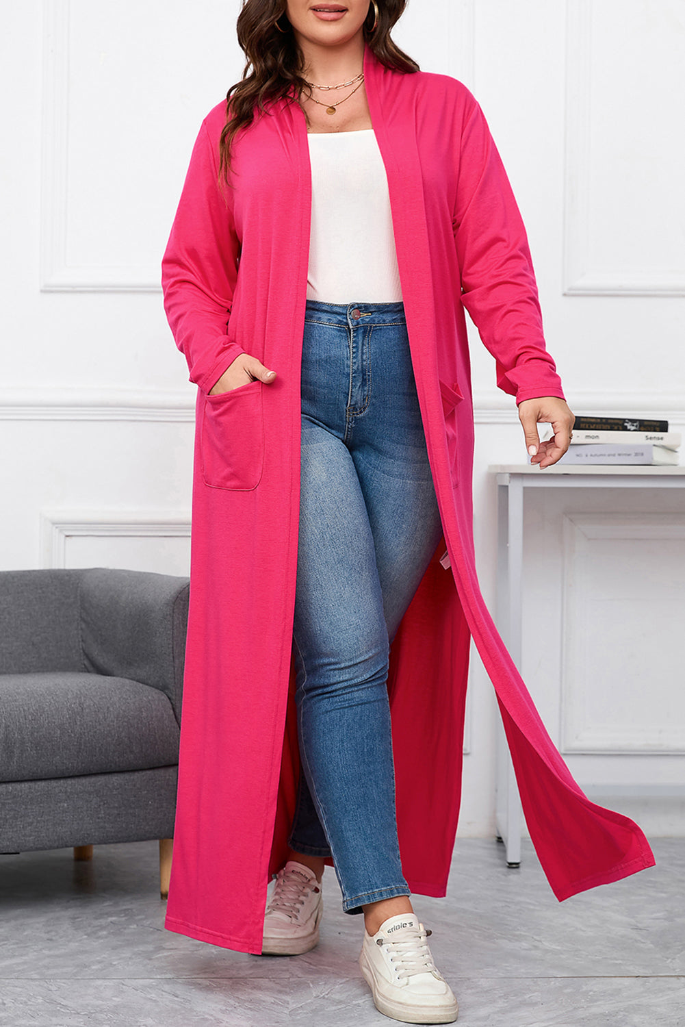 Strawberry Pink Plus Size Side Split Pockets Duster Cardigan