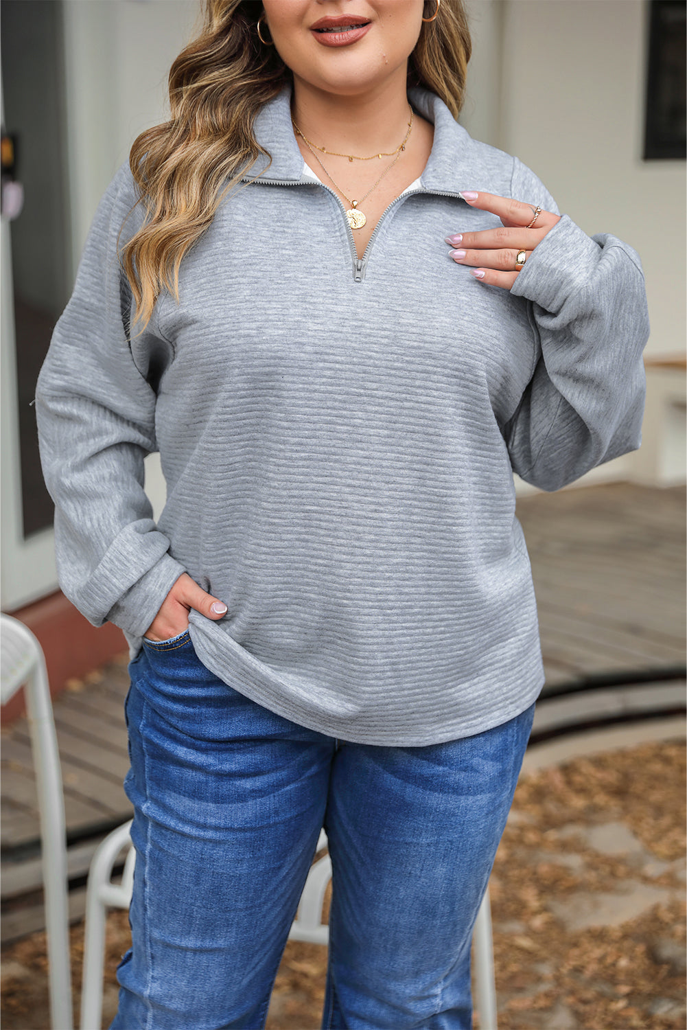 Light Grey Quarter Zipper Collared Ribbed Knit Plus Size Top