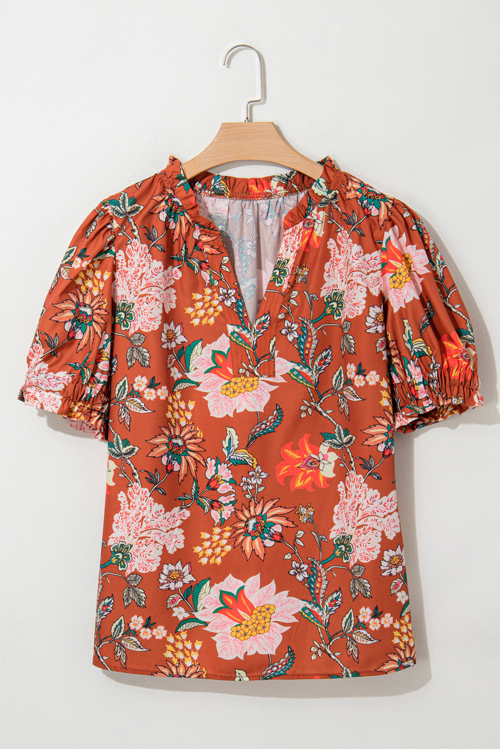 Brown Floral Stitched V Neck Frilled Trim Puff Short Sleeve Blouse