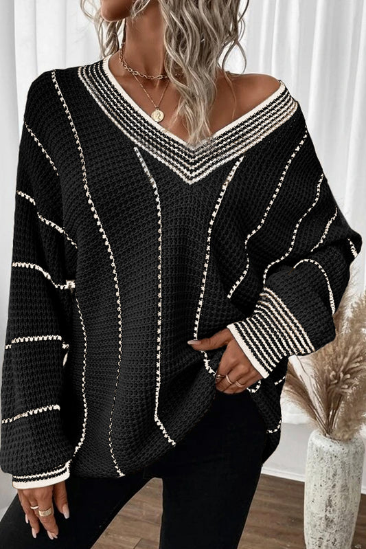 Black Colorblock Striped V Neck Knitted Loose Sweater