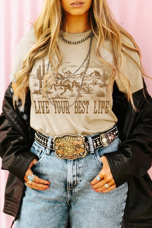 Camiseta con cuello redondo y gráfico estilo western en color beige LIVE YOUR BEST LIFE