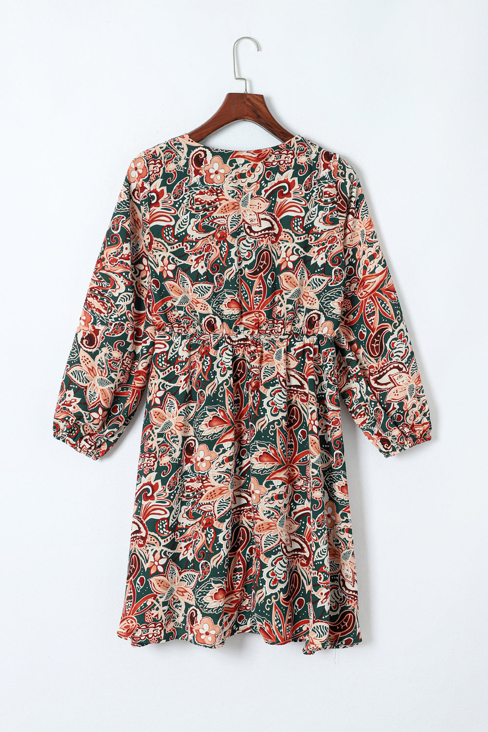 Brown Geometric Print Long Sleeve Surplice Flowy Dress