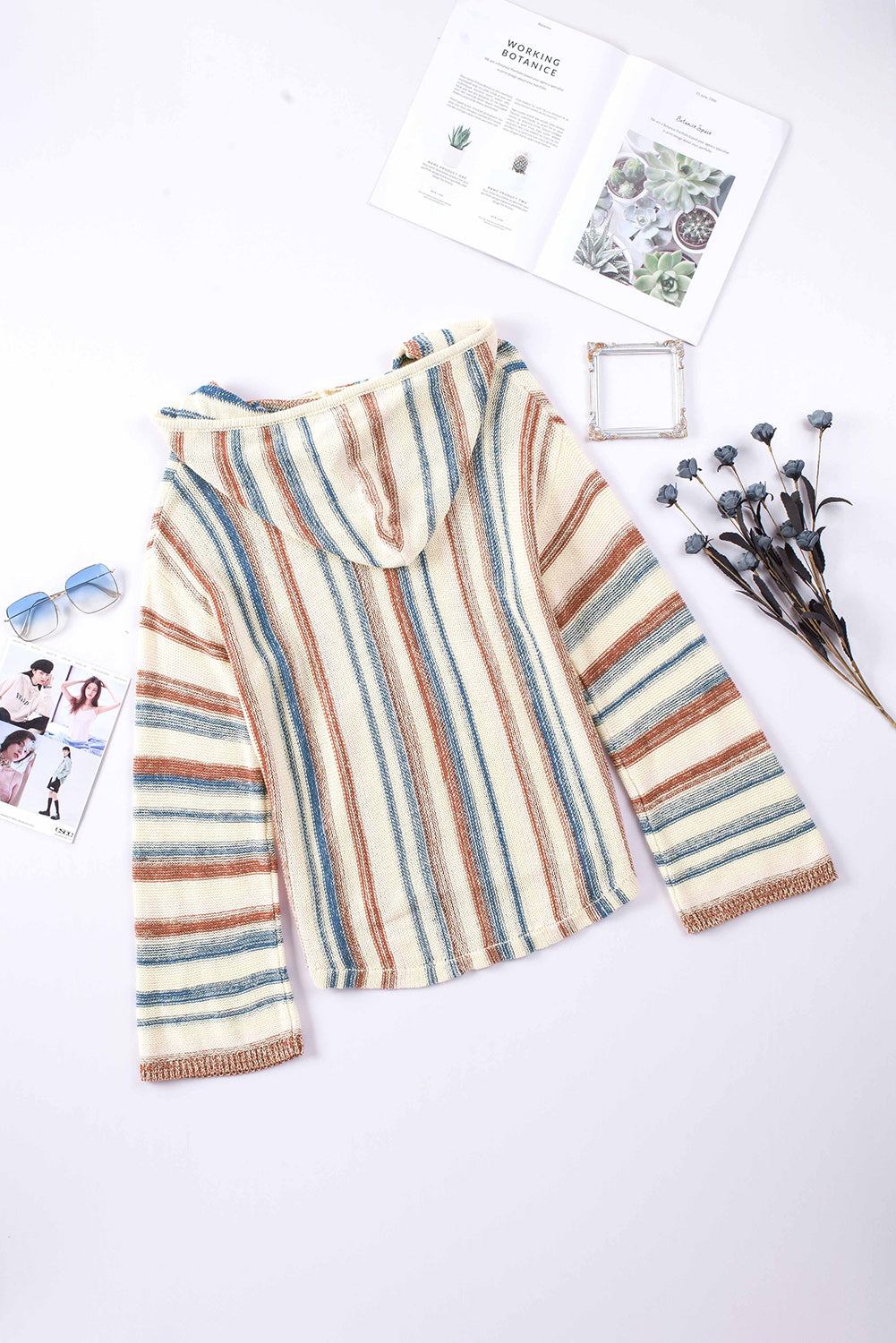 Multicolor Striped Knit Kangaroo Pocket Hooded Sweater